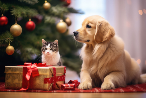 dog and cat sitting in front of present with Christmas tree behind them