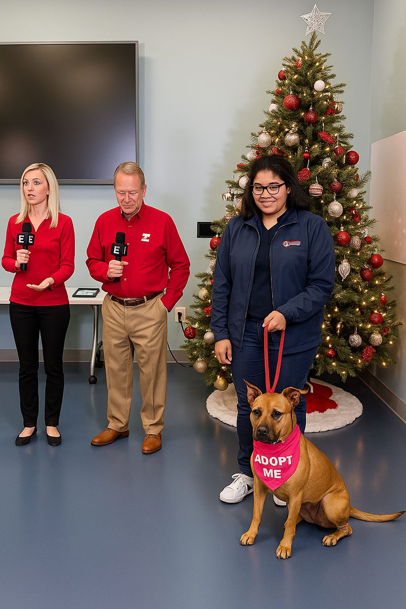 staff member smiling and holding dog's leash next to news reporters; dog has an adopt me bandana on